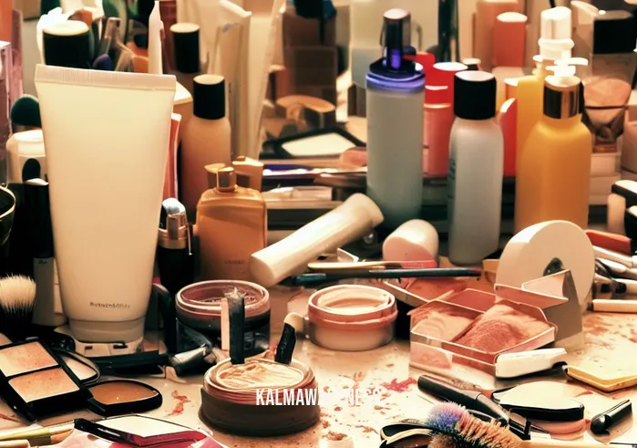 focus on beauty _ Image: A cluttered bathroom counter covered in various beauty products, from makeup to skincare, creating a chaotic and overwhelming scene.Image description: The bathroom counter is strewn with open makeup palettes, half-used tubes of moisturizer, and an assortment of brushes. It reflects the daily struggle to find order amidst beauty routines.