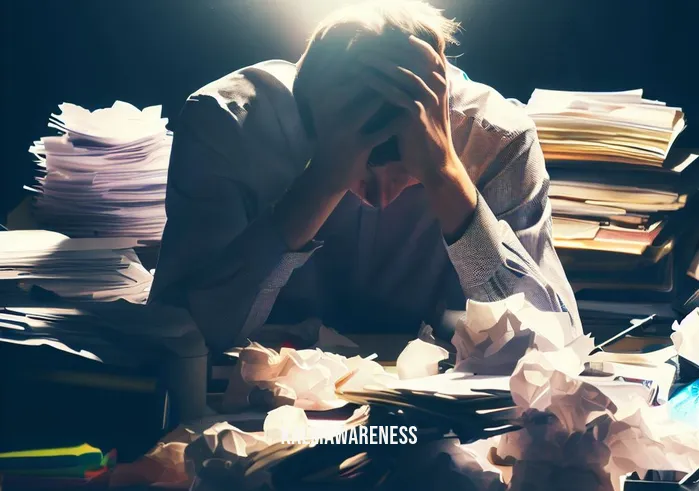 focused relaxation _ Image: A cluttered desk with scattered papers and a stressed individual hunched over it, looking overwhelmed.Image description: A chaotic desk covered in disorganized papers and stationery, bathed in the harsh glare of fluorescent lights. A person sits with their head in their hands, their body tense, clearly feeling the pressure.
