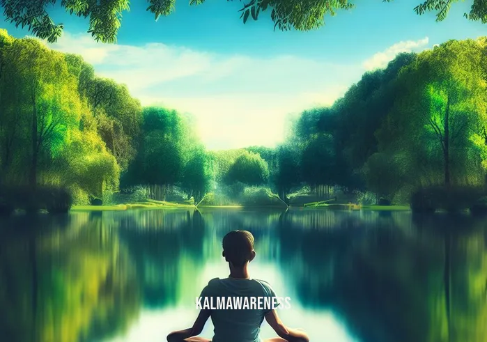 focused relaxation _ Image: A serene nature scene with a person sitting cross-legged by a peaceful lake, surrounded by lush greenery and calm waters.Image description: A tranquil lakeside surrounded by vibrant, green trees and reflected blue skies. A person sits cross-legged on a blanket, eyes closed in deep meditation, their face calm and serene.