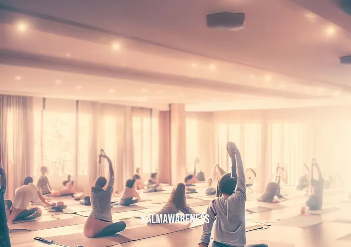 focused relaxation _ Image: A yoga studio with people participating in a group yoga session, stretching and finding inner peace.Image description: A spacious yoga studio filled with participants in various yoga poses, stretching and finding solace in their practice. Soft music and gentle lighting create a soothing atmosphere.
