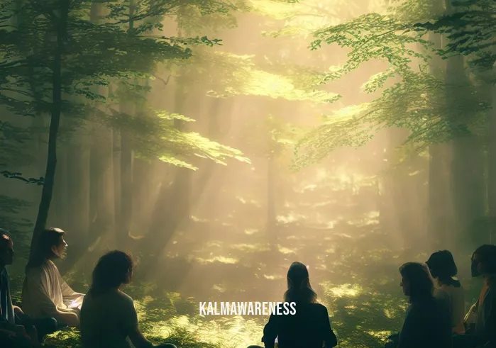forest guided meditation _ Image: A serene clearing deep within the forest, where dappled sunlight filters through the leaves.Image description: The group now sits in a circle, some with closed eyes, as a meditation guide begins to lead them.