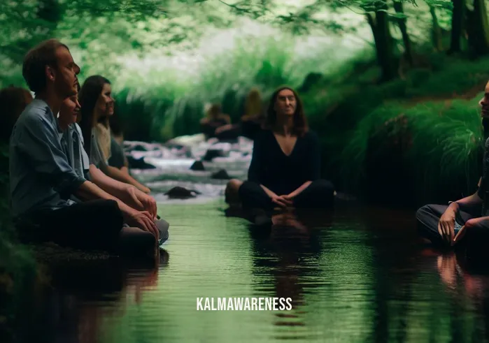 forest guided meditation _ Image: A tranquil stream flowing gently through the woods, its waters reflecting the surrounding greenery.Image description: Participants sit by the stream, their faces relaxed and peaceful, fully immersed in the guided meditation.