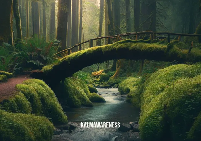forest guided meditation _ Image: A picturesque, moss-covered bridge crossing the stream, leading to a path that continues into the forest.Image description: The group rises, rejuvenated, and crosses the bridge, ready to explore the forest with newfound calmness.
