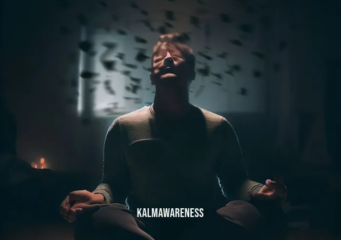 forgive yourself meditation _ Image: A dimly lit room with a person sitting cross-legged, eyes closed, and a pensive expression, surrounded by scattered thoughts.Image description: A person struggling to find inner peace during a meditation session, burdened by self-doubt and regrets.
