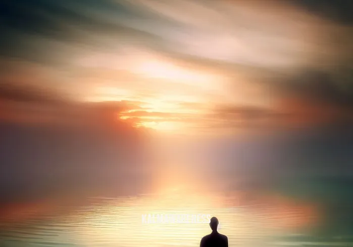 forgive yourself meditation _ Image: A serene lakeside at sunrise, with a figure in meditation posture beside the tranquil water, seeking forgiveness in the beauty of nature.Image description: The individual begins to find solace and release their inner turmoil as the morning sun paints the sky with soft colors.