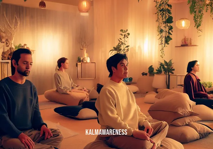 frantic world meditation _ Image: A meditation studio filled with people sitting on cushions, their eyes closed, and a serene atmosphere with soft lighting and calming decor.Image description: Inside the meditation studio, a transition occurs as the participants start to find peace, seated comfortably, their faces gradually relaxing into a state of mindfulness and tranquility.