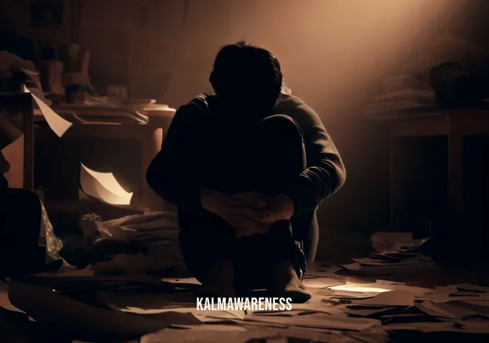 free guided meditation for anxiety _ Image: A person sitting alone in a cluttered and dimly lit room, hunched over with a troubled expression, surrounded by scattered papers and a messy desk.Image description: In the midst of chaos, anxiety takes hold as they struggle to find calm amidst the disorder.