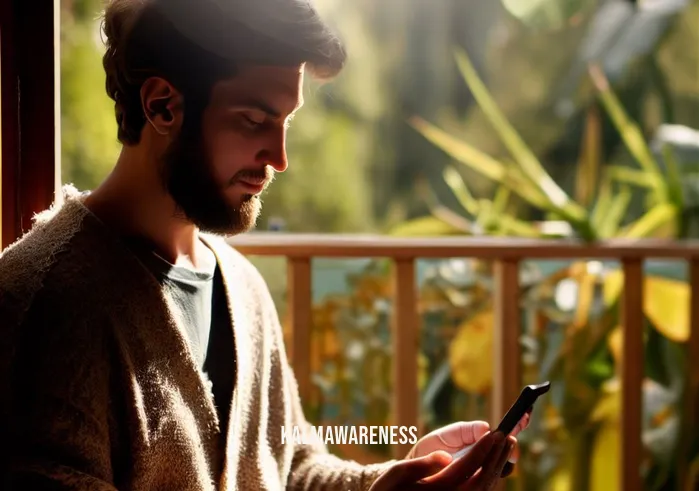 free guided meditation for anxiety _ Image: The same person, now seated on a cozy, sunlit balcony overlooking a peaceful garden, cradling a smartphone with a meditation app open.Image description: They