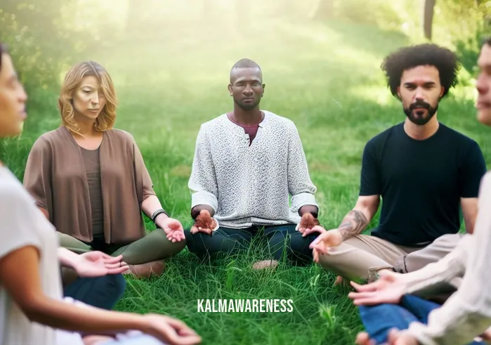 free guided meditation for anxiety _ Image: A group of diverse individuals, each with their eyes closed, sit in a circle on a lush green meadow, guided by a meditation instructor in the center.Image description: They