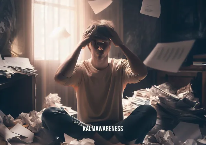 free guided meditations ucla _ Image A cluttered and chaotic room with a person surrounded by scattered papers, looking stressed.Image description A person sits amidst disarray, overwhelmed by clutter and stress.