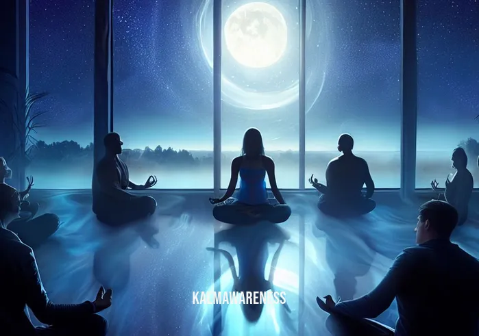 full moon in pisces meditation _ Image The moonlight seems to fill the room with a healing energy, and its reflection dances on a serene pond just outside the window.Image description The people in the circle are now deeply immersed in meditation, their expressions soft and peaceful. They are connected not only to themselves but also to the cosmic energies around them.