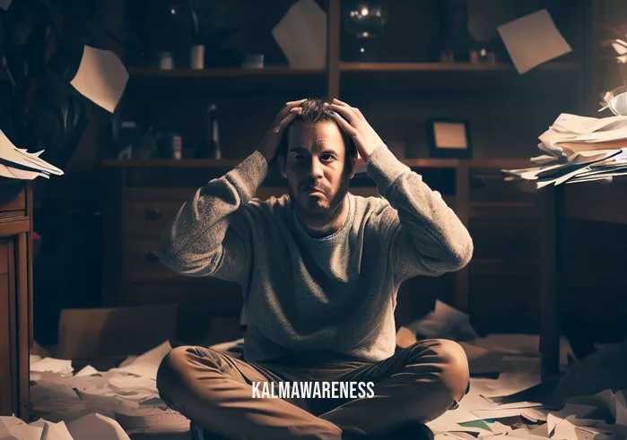 future self meditation _ Image: A person sits in a cluttered and chaotic room, looking overwhelmed and stressed, surrounded by scattered papers and a disorganized workspace.Image description: The individual appears frustrated, their head in their hands, trying to make sense of the mess around them, representing the disarray in their current life.