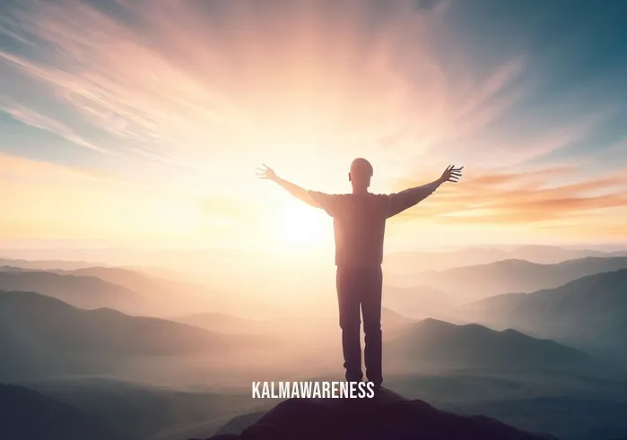 future self meditation _ Image: The individual stands on a mountaintop, arms outstretched, gazing at a breathtaking sunrise over a vast, tranquil landscape.Image description: They have reached a state of inner peace and self-realization, signifying the fulfillment of their meditation journey towards their future self.