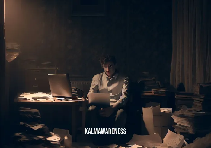 gay meditation _ Image: A cluttered, dimly lit room with a stressed-looking person sitting amidst scattered papers and a laptop.Image description: A person sits in a disorganized room, overwhelmed by stress, surrounded by work.