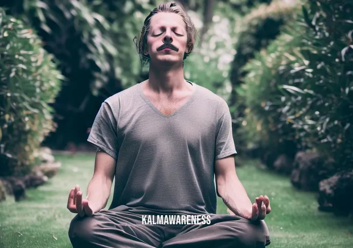 gay meditation _ Image: The same person now sits cross-legged in a serene garden, attempting to meditate but still visibly tense.Image description: The individual tries to meditate in a tranquil garden but struggles to find inner peace.