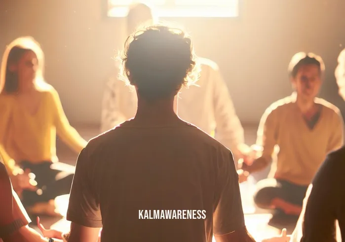 gay meditation _ Image: The person is seen attending a guided group meditation session in a peaceful, sunlit studio, surrounded by a supportive community.Image description: They join a meditation group, finding solace in the collective practice and supportive environment.