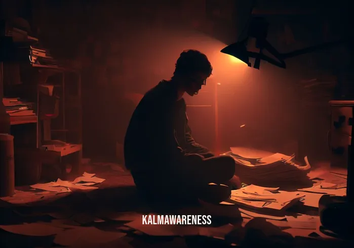 golden light meditation _ Image: A dimly lit room with a person sitting amidst clutter, looking stressed and overwhelmed.Image description: In a cluttered, dimly lit room, a person sits amidst scattered papers, looking stressed and overwhelmed by their surroundings.