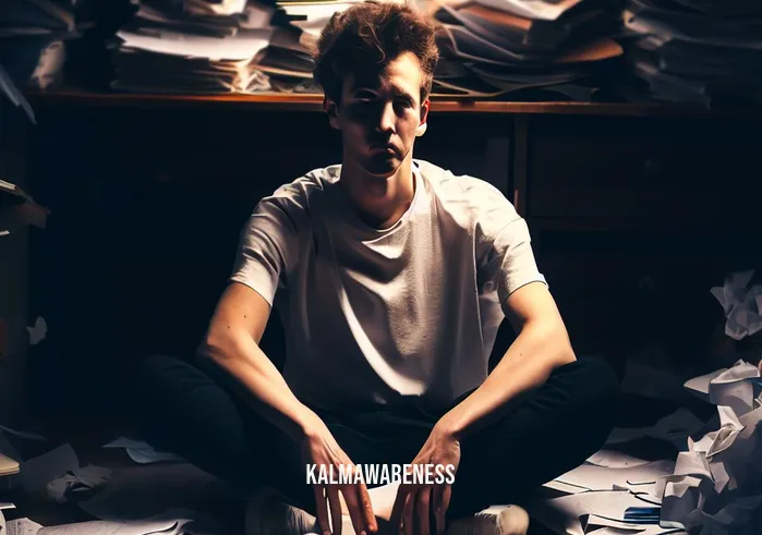 golden orb meditation _ Image: A cluttered and chaotic room with scattered papers, a stressed person sitting amidst the mess, looking overwhelmed.Image description: A person surrounded by disarray, their face showing signs of stress and anxiety as they struggle to find inner peace.