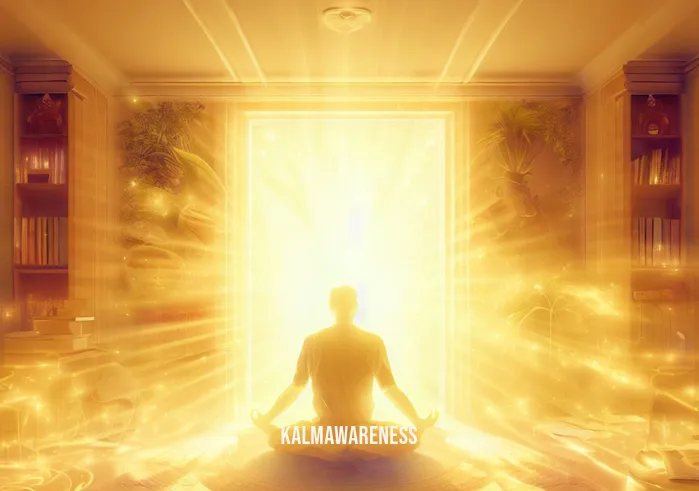 golden orb meditation _ Image: The room transformed into a harmonious space with neatly organized surroundings, and the meditating person surrounded by an aura of golden light.Image description: The room has undergone a remarkable transformation, radiating harmony and balance, while the meditator is enveloped in a golden aura of serenity.