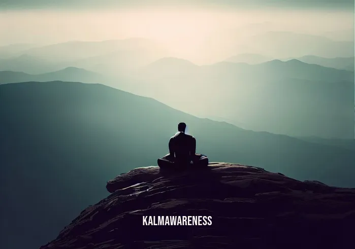 meditation in a sentence _ Image: A serene, isolated mountaintop with a lone person sitting in deep meditation. Image description: High atop a tranquil mountain, one person finds solace in profound meditation, far from the urban chaos below.