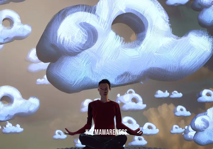 meditation in a sentence _ Image: A person on a yoga mat surrounded by scattered thoughts represented as swirling storm clouds. Image description: Amidst swirling thoughts depicted as storm clouds, a meditator attempts to find inner peace on a yoga mat.
