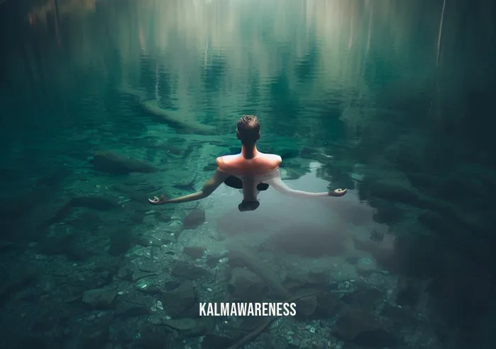 meditation inside water _ Image: The person is fully immersed in meditation, floating effortlessly on their back in the crystal-clear waters of a secluded forest lake.Image description: In the heart of nature, the meditator floats serenely on the water
