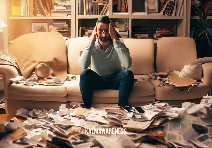 meditation magazine subscription _ Image: A cluttered living room with scattered magazines and a stressed person sitting amidst the chaos.Image description: In a cluttered living room, magazines are strewn about, creating a chaotic atmosphere. A person sits in the middle, looking overwhelmed and stressed.