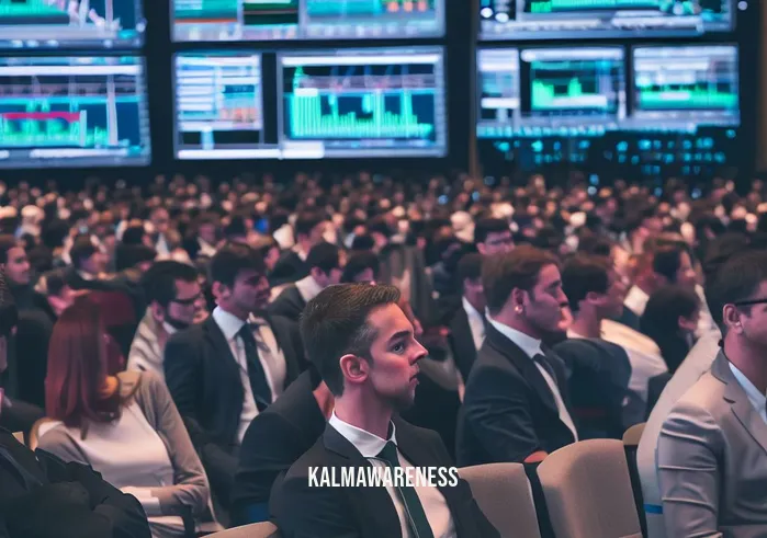 meditation speeches _ Image: A crowded conference room filled with people in business attire, all looking stressed and overwhelmed. Image description: Attendees at a corporate event sit in rows of chairs, surrounded by screens displaying stock market graphs and news headlines.