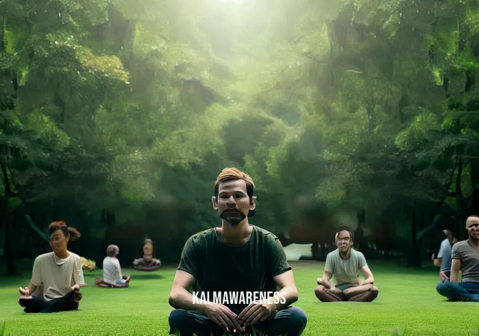 meditation speeches _ Image: A serene outdoor setting with a group of people sitting cross-legged on a grassy field, still looking somewhat tense. Image description: A lush green park with people attempting to meditate, but their faces still show signs of stress and distraction.