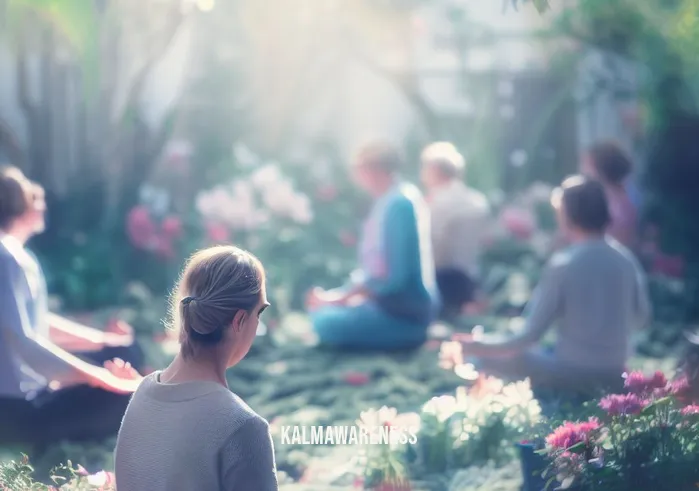 meditation speeches _ Image: A tranquil meditation garden with people sitting peacefully, visibly more relaxed, and focusing on their breath. Image description: Participants in a meditation session outdoors, surrounded by blooming flowers and a gentle breeze, their expressions softening as they find inner calm.