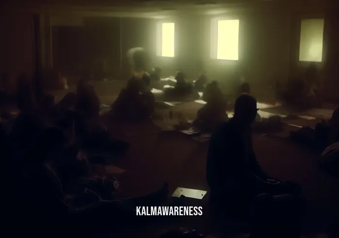 meditations seminar _ Image 1: Image description: A dimly lit room with people sitting in scattered disarray on the floor, appearing restless and distracted during a meditation seminar.