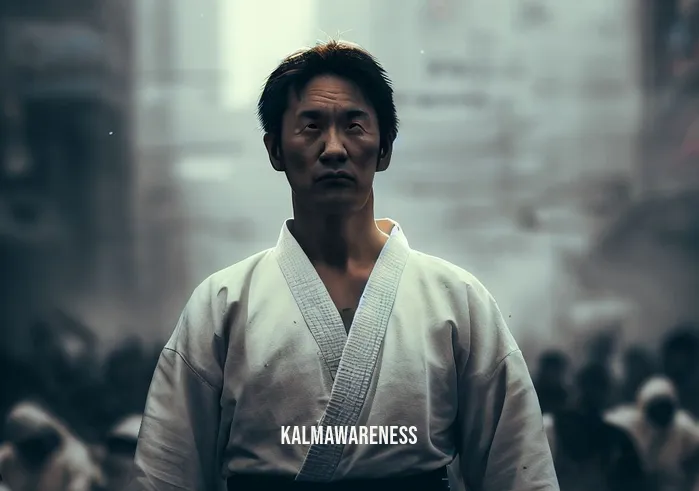 meditative martial arts _ Image: A martial artist in traditional clothing, standing amidst the chaos, with a serene expression, ready to begin their practice.Image description: A lone martial artist, dressed in traditional attire, stands in stark contrast to the chaotic city surroundings, embodying calm and focus.