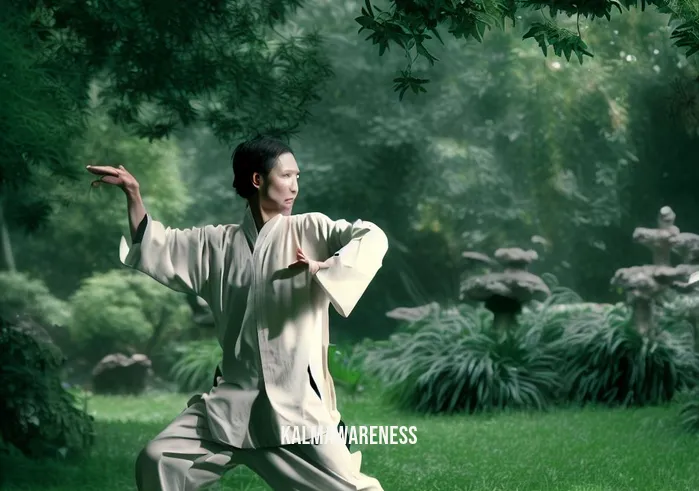 meditative martial arts _ Image: The martial artist performing a graceful, flowing Tai Chi routine in a peaceful park, surrounded by lush greenery.Image description: The martial artist