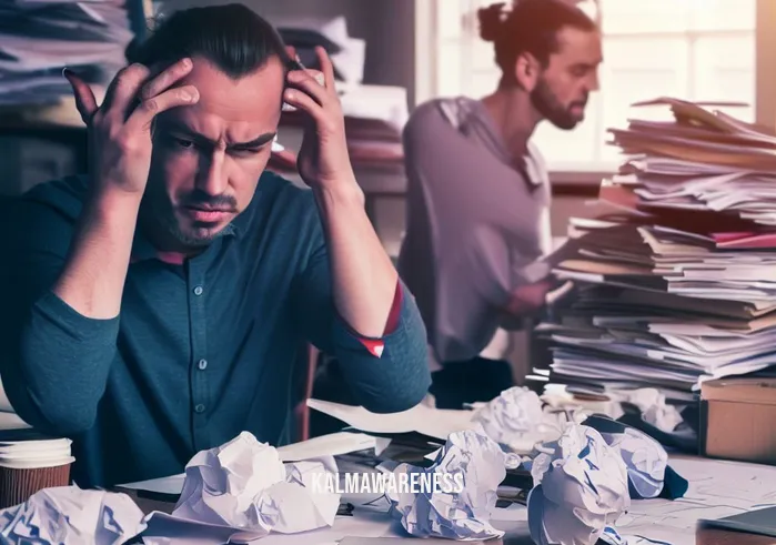 metitate _ Image: A cluttered and chaotic workspace, with papers scattered, stressed individuals looking overwhelmed.Image description: A disorganized office environment, people furrowing their brows, piles of unfinished tasks, and a palpable sense of stress in the air.
