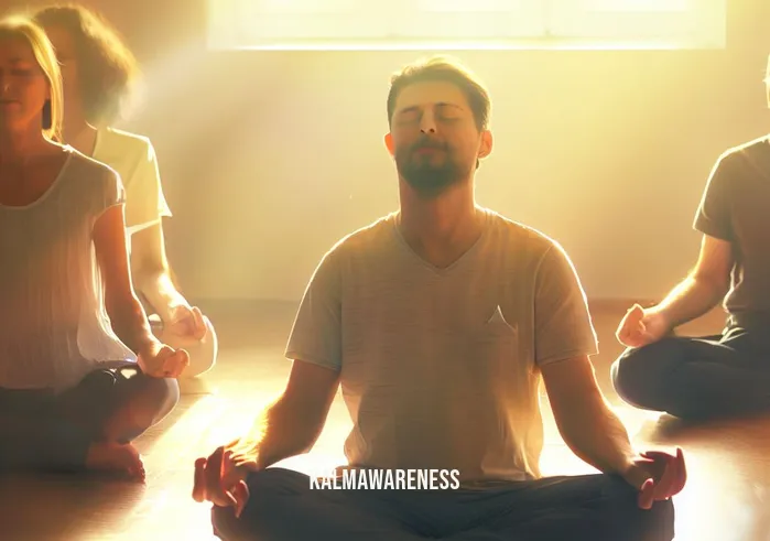 metitate _ Image: A group of people sitting cross-legged in a serene, sunlit room, eyes closed, practicing meditation.Image description: A tranquil meditation room bathed in warm sunlight, individuals sitting peacefully, hands resting on their laps, eyes closed in deep meditation.