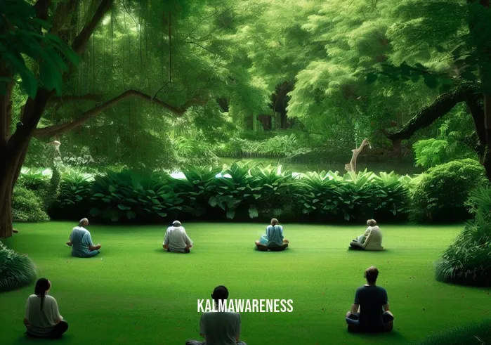 mindful movement meditations _ Image: A tranquil park scene with a small group of people sitting cross-legged on a lush green lawn, their eyes closed in meditation.Image description: In the serene park, individuals gather in stillness, their bodies relaxed, connecting with nature.