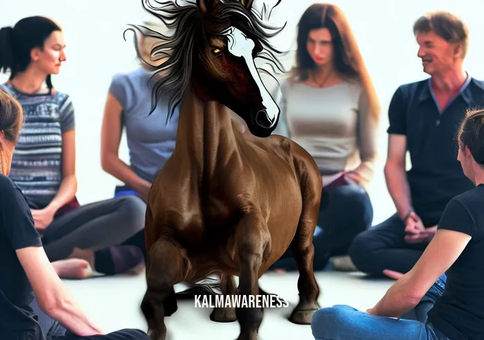 ride the wild horse meditation _ Image: A group of people, sitting cross-legged, attempting to tame the wild horse through meditation.Image description: Individuals gather, eyes closed, as they endeavor to find inner calm while taming the symbolic wild horse.