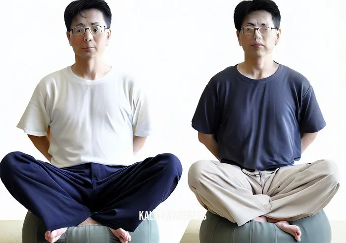 how to sit on zafu _ Image: The same person now sits on the zafu cushion, but their posture is still imperfect, with their back slightly slouched and legs crossed unevenly.Image description: In the second image, the individual has made progress by using the zafu cushion, but their posture still needs improvement, indicating a need for guidance.