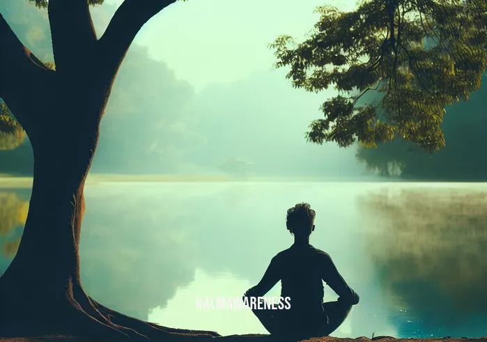 12 step guided meditation _ Image: A serene outdoor setting, a person sitting cross-legged under a tree by a peaceful lake, trying to find inner peace amid nature