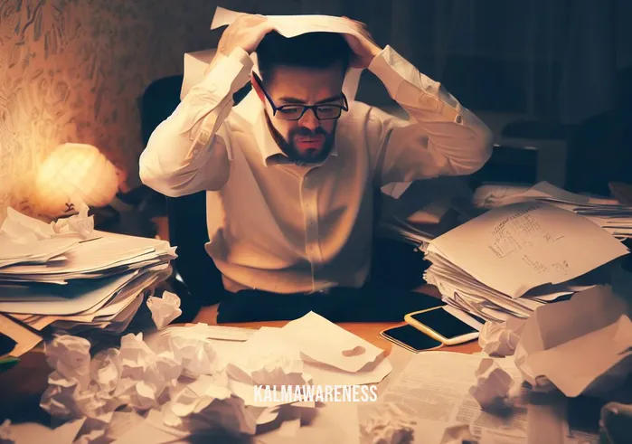 20 minute meditation diving deep _ Image: A cluttered desk with papers and a stressed person surrounded by chaos.Image description: The image depicts a messy desk covered in scattered papers, and a person sitting amidst the clutter looking overwhelmed and stressed.