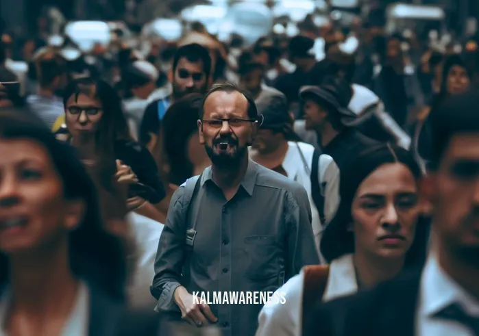 2010 smile meditation _ Image: A crowded city street during rush hour, people in a hurry, faces filled with stress.Image description: Commuters stuck in traffic, scowling faces, and tense shoulders as they navigate the chaotic urban environment.