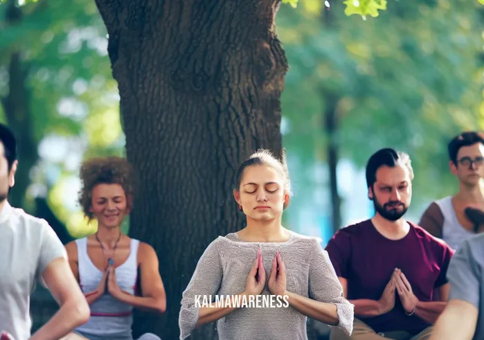 2010 smile meditation _ Image: A group of people sitting in a circle under a tree in the park, eyes closed, hands on their hearts, practicing mindful meditation.Image description: A diverse group of individuals engaged in a meditation session, finding peace and stillness amidst the park