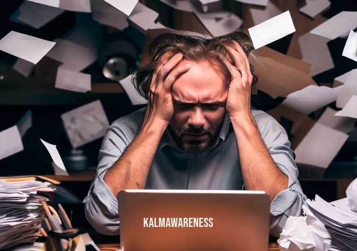 abraham hicks good morning meditation _ Image: A cluttered desk with scattered papers, a laptop displaying work emails, and a stressed individual rubbing their temples.Image description: On the cluttered desk, scattered papers mix with an open laptop displaying a barrage of work emails. The person at the desk appears stressed, rubbing their temples with a furrowed brow, feeling overwhelmed.