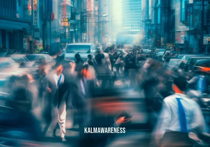 absolute peace _ Image: A bustling city street filled with people rushing in all directions, horns blaring, and a chaotic atmosphere.Image description: The image shows a crowded urban scene, with people in business attire, vehicles stuck in traffic, and a general sense of hustle and bustle.