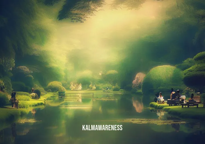 absolute peace _ Image: A tranquil park with a serene pond surrounded by lush greenery, people sitting on benches, and a gentle breeze rustling the leaves.Image description: This image portrays a peaceful park scene, complete with a calm pond reflecting the sky, people leisurely enjoying nature, and a sense of quietude.