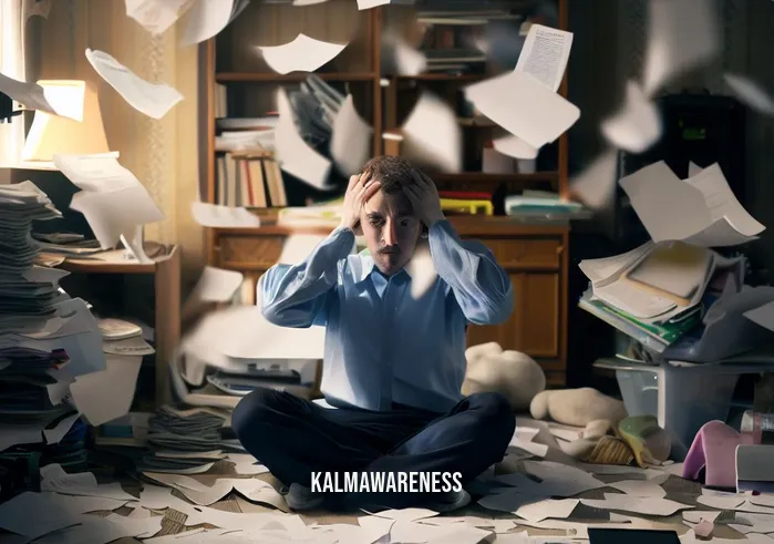 akasha meditation _ Image: A cluttered and chaotic room with a person surrounded by distractions, looking stressed and overwhelmed.Image description: In a cluttered room, a person sits amidst scattered papers, electronic devices, and clutter, looking overwhelmed and stressed.