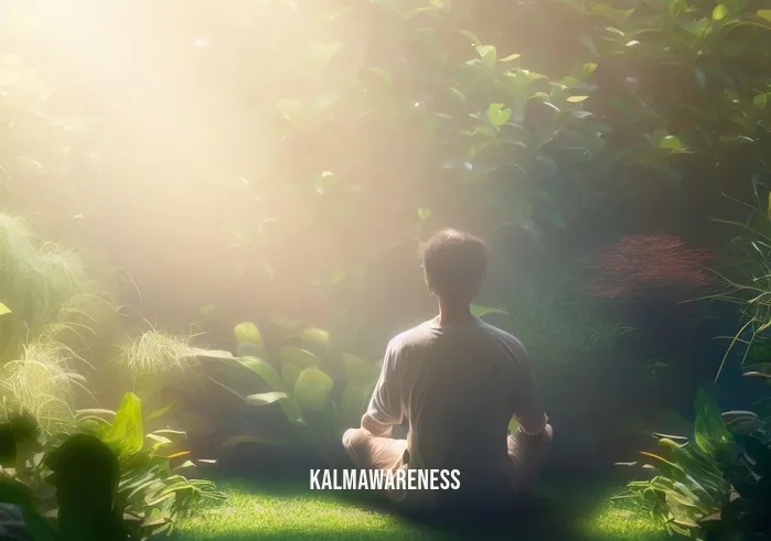 akasha meditation _ Image: A serene outdoor setting with the same person now seated in a calm and tranquil garden, surrounded by lush greenery and soft sunlight.Image description: The same person has moved to a serene garden, surrounded by vibrant green plants and bathed in soft sunlight, appearing more relaxed.