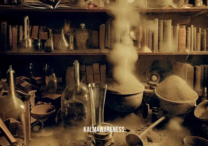 alchemical meditation _ Image: A cluttered and chaotic laboratory with various alchemical tools and ingredients scattered haphazardly, creating a sense of disarray.Image description: The cluttered laboratory is filled with dusty shelves, ancient manuscripts, and bubbling flasks, illustrating the initial chaos of the alchemical meditation journey.