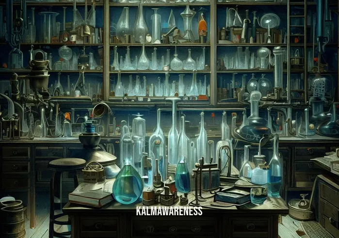 alchemical meditation _ Image: The laboratory is now organized and harmonious, with alchemical tools neatly arranged, symbolizing the alchemist