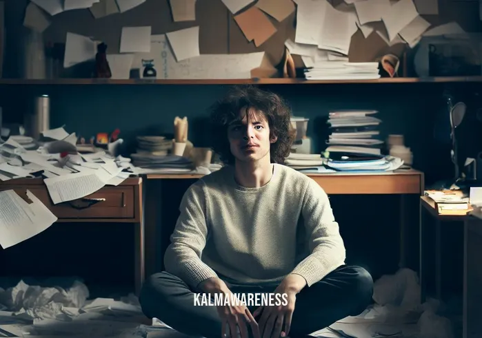 alpha theta meditation _ Image: A cluttered and chaotic room with a person sitting cross-legged amidst scattered papers and a disheveled workspace, looking stressed and overwhelmed.Image description: The room is in disarray, with papers strewn about, and the individual appears tense and stressed, surrounded by chaos.
